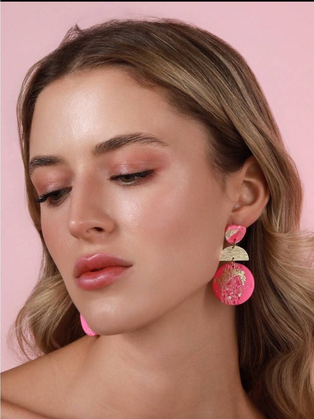 Hot Pink Marbled Drop Earrings with Gold Half-Moon - Picture 7 of 10